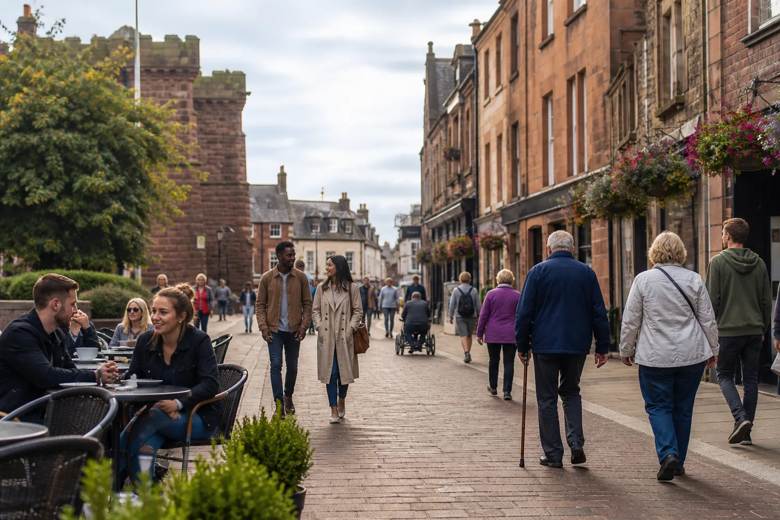 Two people talking over coffee in Carlisle city centre