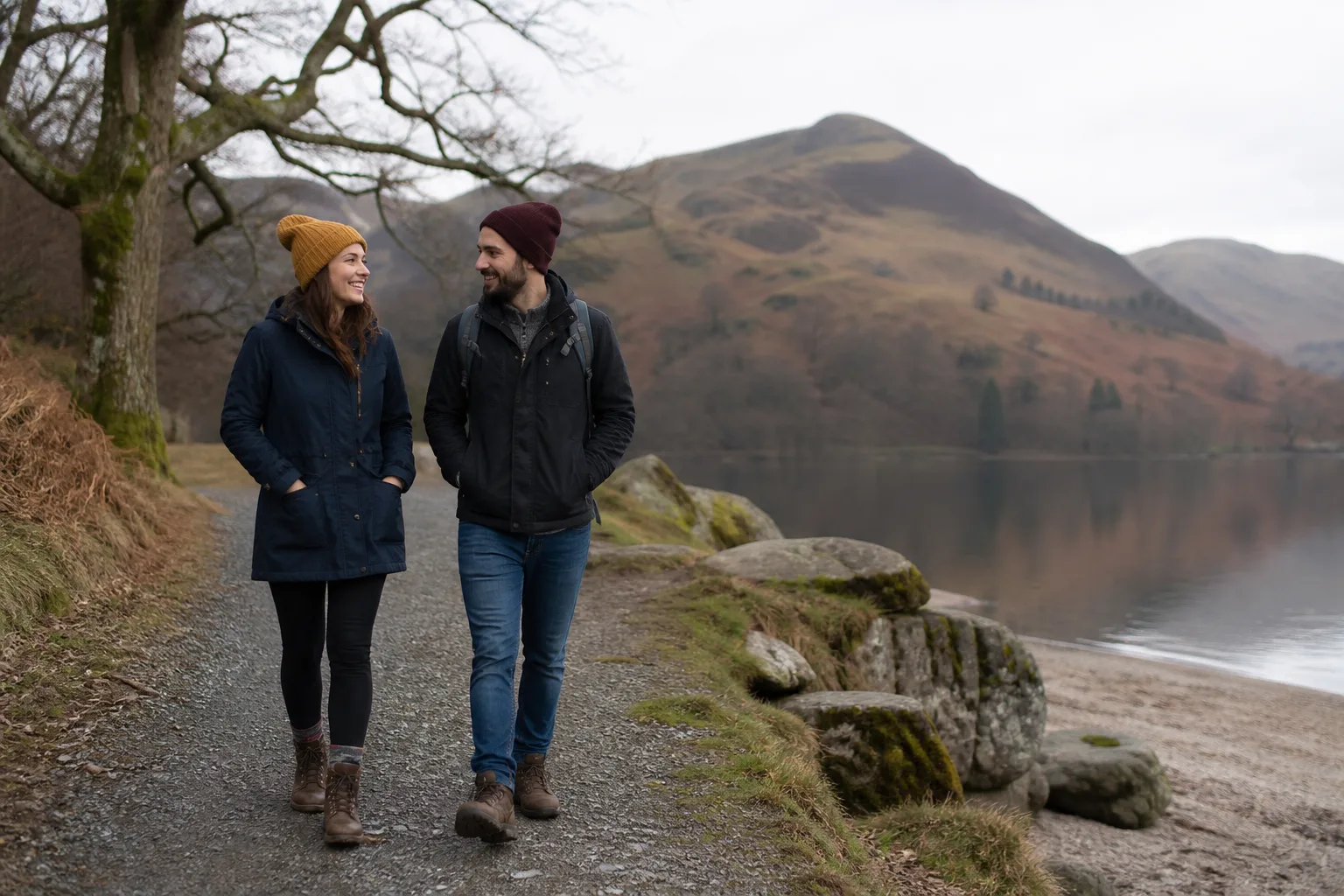 Two people walking beside a lake in Cumbria on a clear afternoon