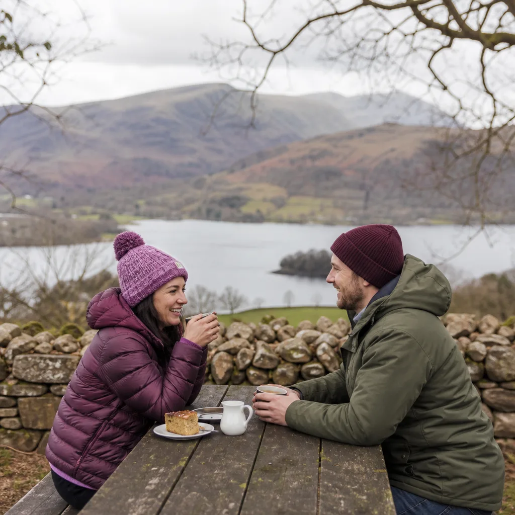 A couple sharing coffee after a spring walk in the Lake District