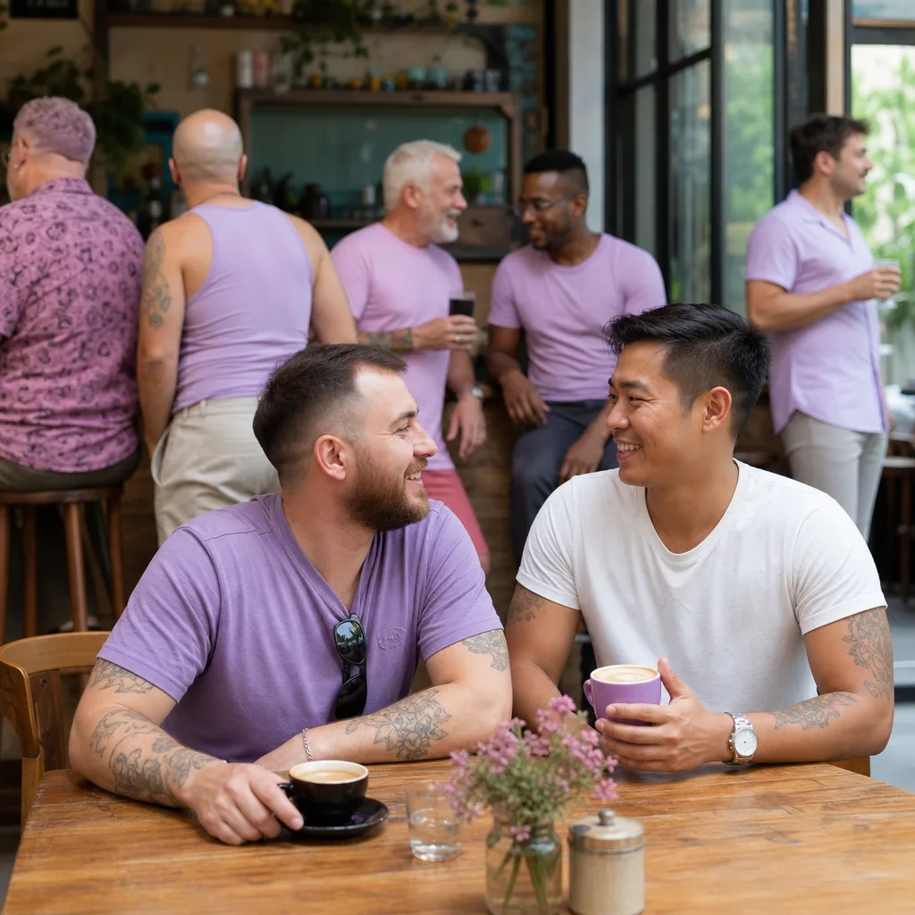 Two men meeting at a busy café at Brewery Arts in Kendal