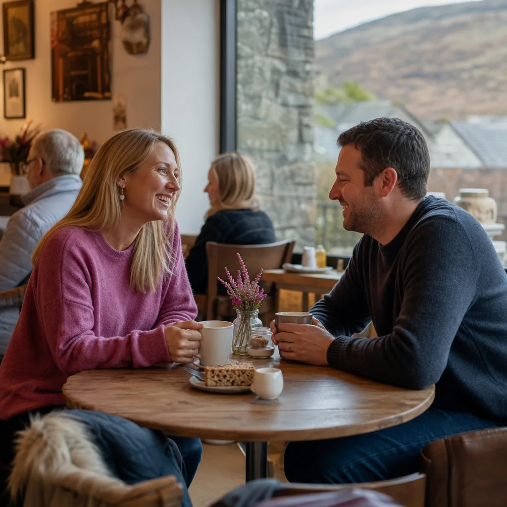 Two adults meeting outside a busy public venue in Penrith