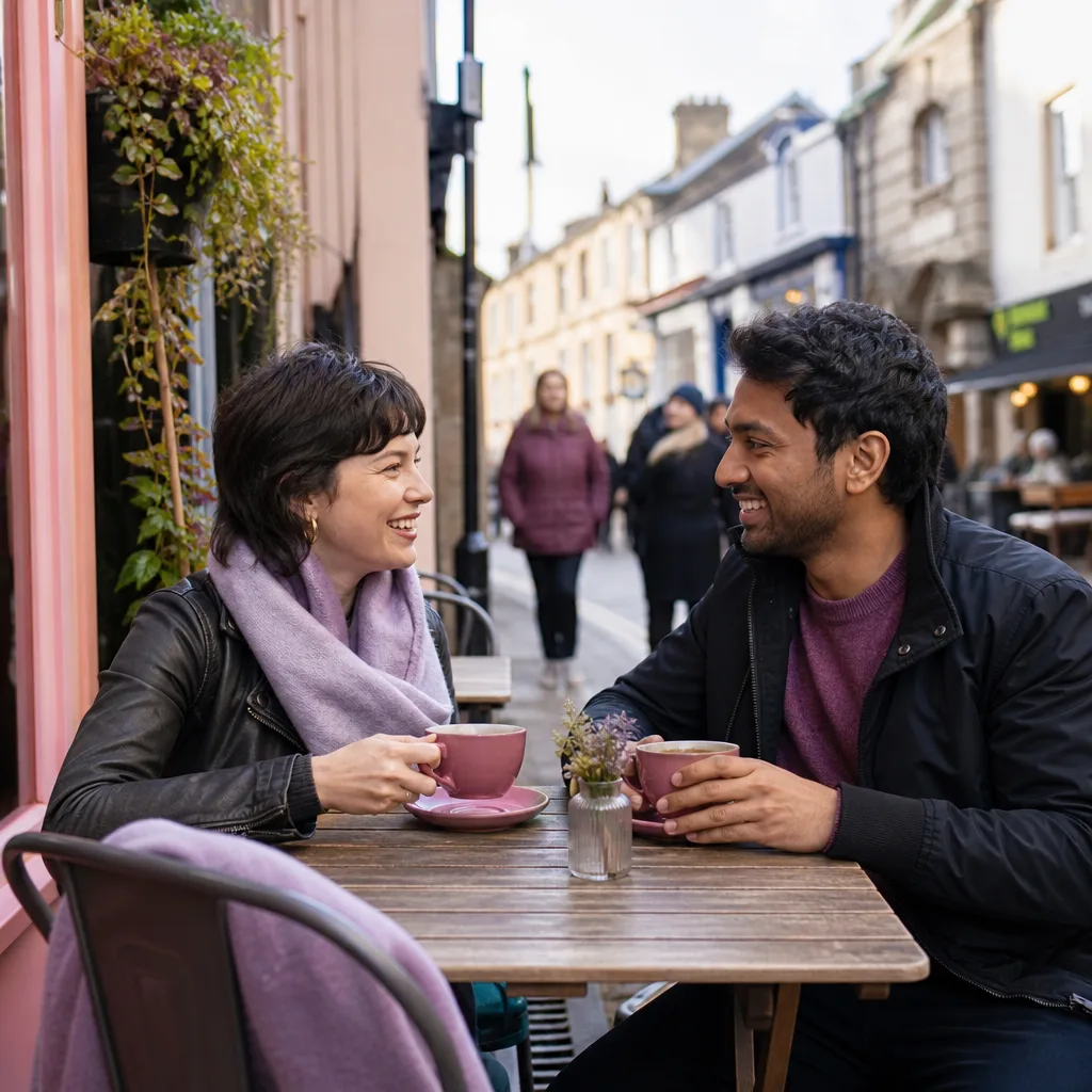 Two adults meeting in a busy public café in central Carlisle