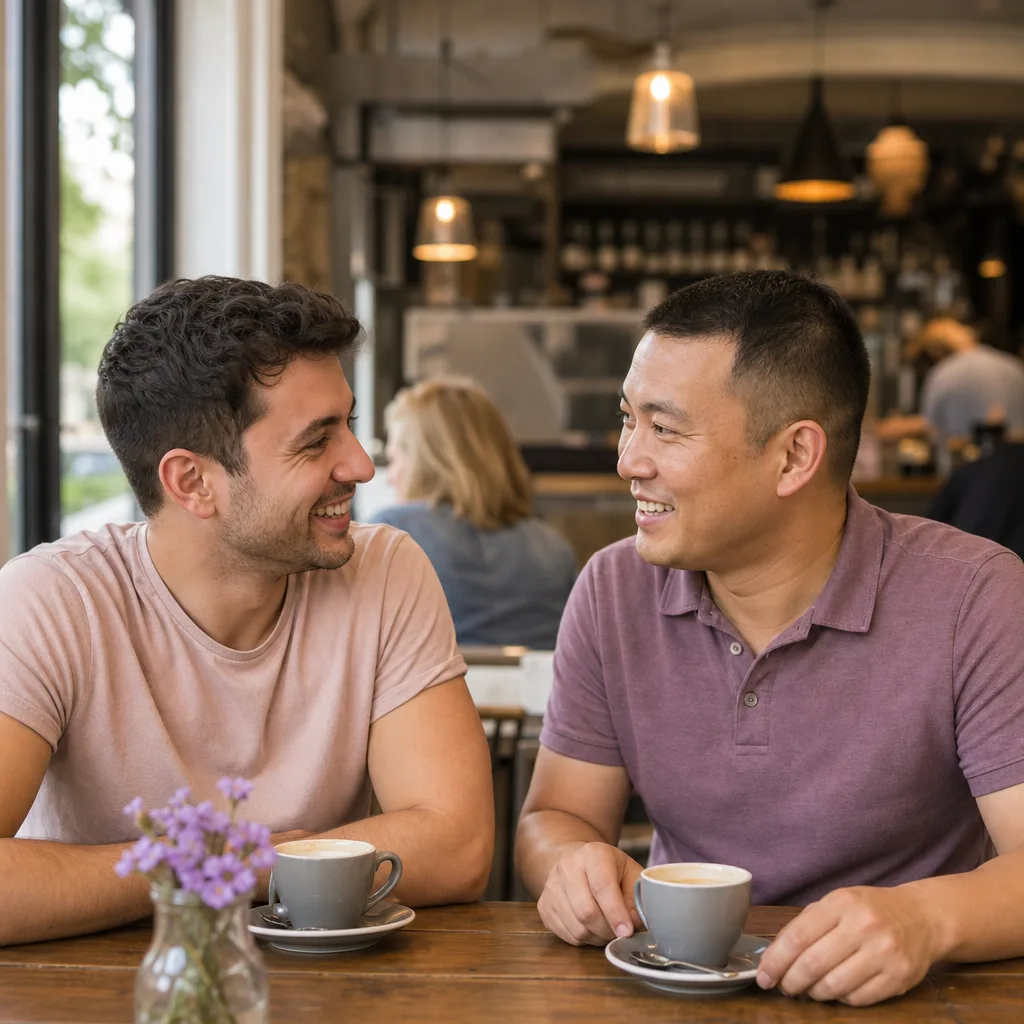 Two men having a relaxed daytime first date near Vale Park in Aylesbury