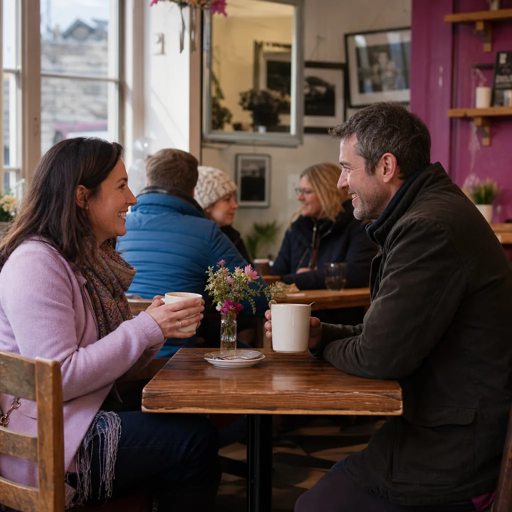 Two adults chatting on a daytime walk near Ulverston